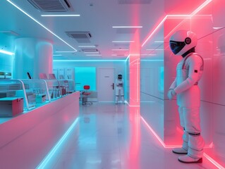 Poster - Futuristic Laboratory Scene with Scientists Using AI Technology for Research: Gender-Neutral, Diverse Age Group in High-Tech Environment