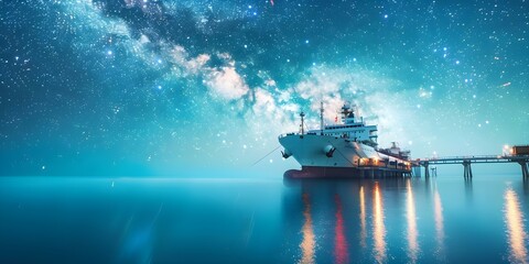 Wall Mural - Oil tanker docked at night in offshore dock under a starry sky. Concept Marine transport, Night photography, Industrial lights, Nautical industry, Starry night sky
