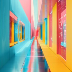 Poster - Futuristic Digital Corridor with Vibrant Technology-Themed Wall Patterns in a High-Tech Setting