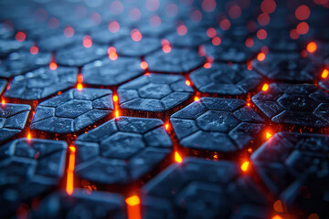 Poster - Isometric pattern of hexagonal grids with minimalist molecular structures within each cell,
