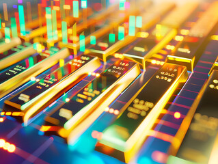 Gold bars reflecting light, positioned on a digital financial graph, representing high value and investment