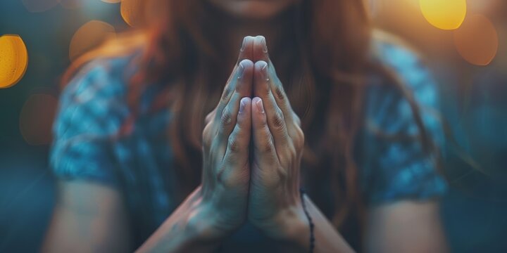 Closeup of a person s hands in prayer, fingers intertwined, soft lighting, high detail, rare view, spiritual moment, stock photography