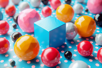 Leinwandbilder - Seamless background featuring isometric geometric shapes like cubes and tetrahedrons, interspersed with molecular icons,