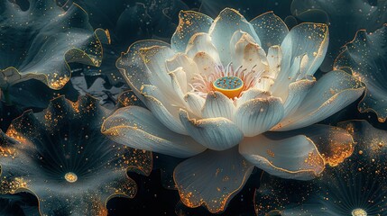   A large white flower with a blue center surrounded by water lilies and gold flecks on a black background