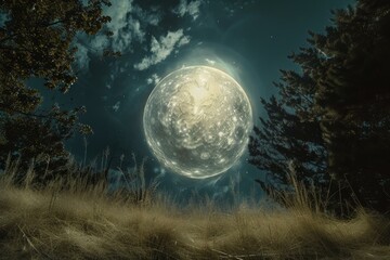 Poster - Stunning full moon illuminates the night sky above a serene forest landscape