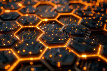 Poster - Isometric pattern of interconnected hexagons with embedded minimalist circuit board icons,