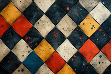 Fototapete - Minimalist isometric pattern of diamond shapes with integrated molecular icons,