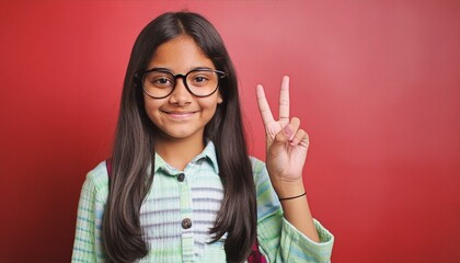 an indian 10 years sweet student girl showing a victory sign with his hand