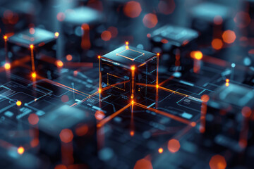 Fototapete - Abstract isometric grid of interconnected cubes and minimalist data storage symbols,