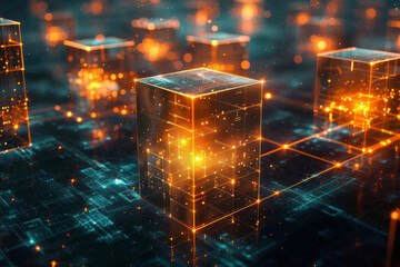 Poster - Abstract isometric grid of interconnected cubes and minimalist data storage symbols,