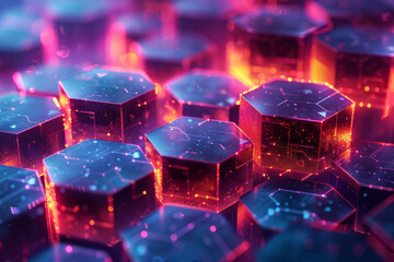 Aufkleber - Abstract isometric hexagonal prisms connected by minimalist Bluetooth symbols, creating a network pattern,