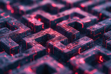 Fototapete - Isometric pattern of stylized circuit paths and geometric hexagons, arranged in a lattice,