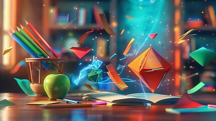 Wall Mural - 3D rendering of a desk in a study room, bursting with colorful abstract geometric shapes