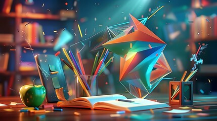 Wall Mural - 3D rendering of a desk in a study room, bursting with colorful abstract geometric shapes