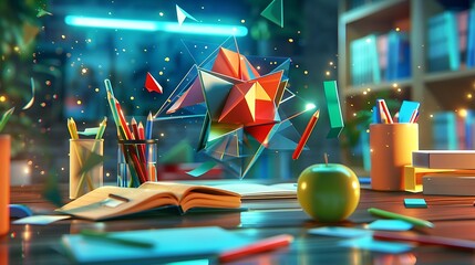 Wall Mural - 3D rendering of a desk in a study room, bursting with colorful abstract geometric shapes