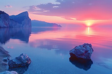 Wall Mural - A beautiful sunset over the ocean with a rock in the water