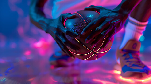 Futuristic sports a basketball colorful neon lights in the hands of player on the shinning court