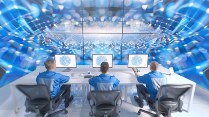 Poster - Cybersecurity Team at Work in High-Tech Monitoring Room, Protecting Industrial Data with Real-Time Network Surveillance