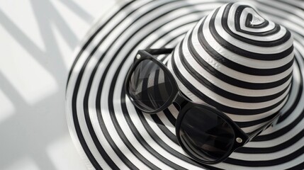Poster - Stylish Black and White Striped Sun Hat with Sunglasses on a Sunny Day