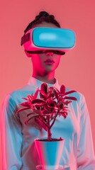 Poster - Young Latina Woman Making a Business Call Using VR Headset in a Minimalist Office with Touch of Nature