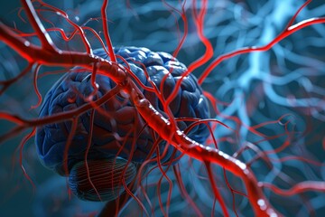 Poster - Detailed illustration of human brain neurons with synapses in a vivid red and blue color scheme