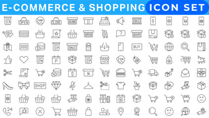 Poster - E-Commerce set of web icons in line style. .Online shopping icons for web and mobile app. .Business, mobile shop, digital marketing, bank card, .gifts, sale, delivery. .Vector illustration