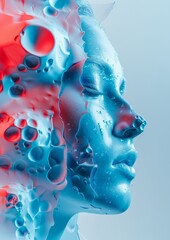 Aufkleber - Futuristic Portrait of a Young Woman with Water Droplets and Digital Effects, Evoking a Dreamlike Atmosphere