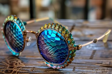 Wall Mural - Closeup of stylish sunglasses with peacock feather design on a textured wooden table