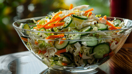 Freshly tossed cabbage salad with julienned carrots and cucumbers, drizzled with a light vinaigrette, in a glass bowl with a reflective surface