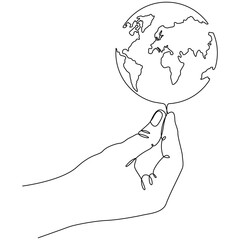 Poster - hand holding earth globe continuous line drawn. save of planet concept. vector illustration isolated