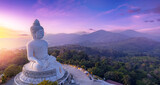 Fototapeta  - Phuket Statue big Buddha in on sunset sky, aerial top view by drone. Concept travel Thailand landmark