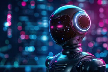 Poster - Hightech robot head with glowing neon lights on a bokeh city backdrop