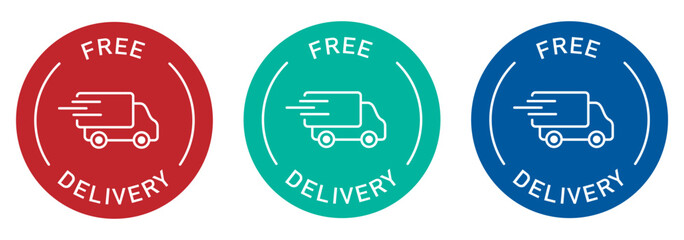 Free delivery label vector design for packaging. Shipping color sticker. Illustration, logo, symbol, sign, stamp, tag, emblem, mark or seal for package.