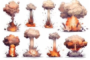 set of dramatic nuclear explosions with mushroom clouds isolated on white destruction concept