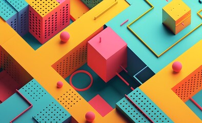 Poster - Colorful background with colorful geometric shapes and lines, flat design style, flat illustration, yellow blocks, blue grid pattern, pink block figure on the left side of map
