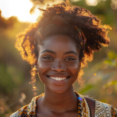 Wall Mural - Young lady portrait, happy female adult, black beauty, cheerful and attractive model, afro hair, smiling, fashionable and curly. Closeup expression, outdoors with confident