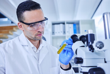 Aufkleber - Man, science and inspection with test tube in lab, innovation with microscope for medical. Healthcare, research and analysis with immune cells for gene therapy, development in biotech with safety