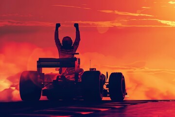 Wall Mural - silhouette of race car driver celebrating victory digital art of grand prix winner motorsport concept