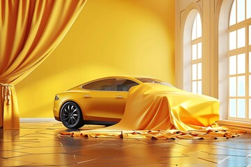 Wall Mural - A modern car partially revealed under a draped silk cloth, vibrant yellow background