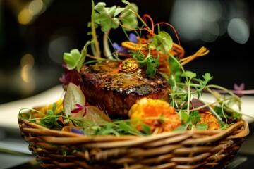 Sticker - Succulent grilled steak adorned with vibrant edible flowers, presented in a rustic basket