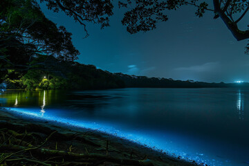 Wall Mural - A beautiful lake with a blue light reflecting on the water
