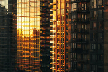 Wall Mural - The sun is setting behind the tall buildings