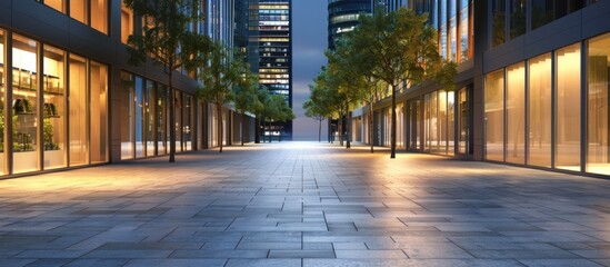 A large building with a glass front and a walkway in front of it