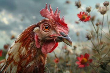 Sticker - Closeup of a vivid chicken's head against a field of wildflowers and cloudy sky