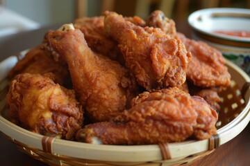 Sticker - Golden fried chicken drumsticks served in a wicker basket, a delicious fast food meal