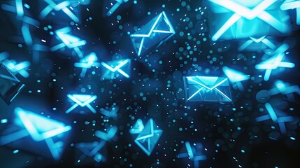 Wall Mural - A digital background with glowing blue envelopes on a dark background, representing fast and modern email marketing. A background of a digital email icon floating in the air, newsletter concept.