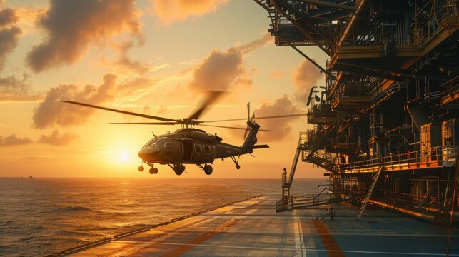 A helicopter hovers close to landing on an offshore oil rig platform during a beautiful sunset over the ocean.