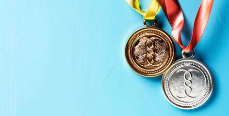 Gold, silver and bronze olympic medals  blue background. ,