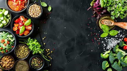 Wall Mural - A variety of green healthy foods, including different types of vegetables, were grouped together in bowls on a black table. Space for copy or text.