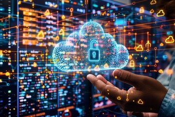 Canvas Print - Comprehensive cloud security with advanced data encryption and integrated devices, highlighted by vibrant blue and orange elements and a tech themed design